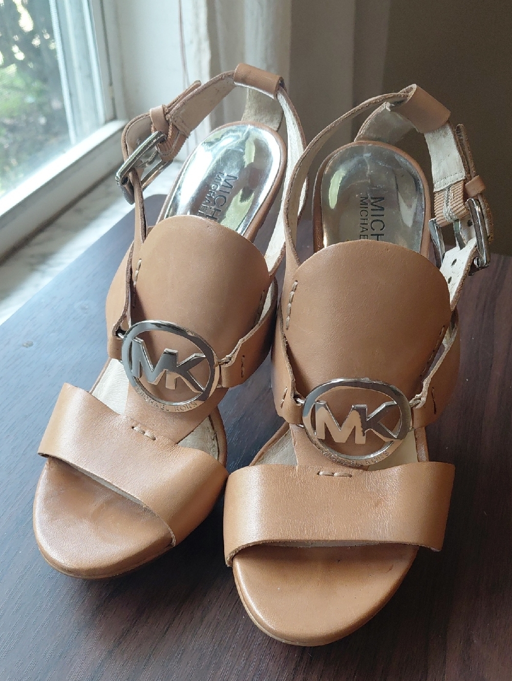 MICHAEL Michael Kors Tan Leather MK Medallion Slingback Heels